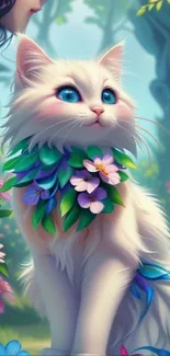 White cat with flowers in magical spring garden.