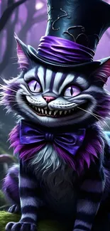 Whimsical purple cat with top hat and mischievous smile in a fantasy setting.