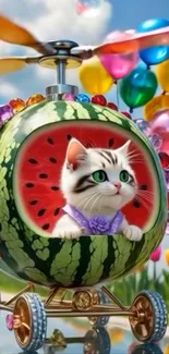 Cat sitting in a watermelon helicopter.