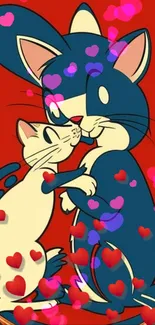 Whimsical animated cats hugging with hearts on red background.