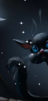 Whimsical black cat with blue eyes under moonlit sky wallpaper.