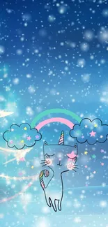 Whimsical cat unicorn wallpaper with blue sky and pastel rainbow.