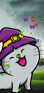 Cute cartoon cat in witch hat with a cloudy background.