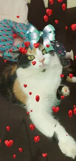 Cat with bow surrounded by floating red hearts on a brown couch.