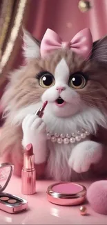 Adorable cat with makeup and a pink bow.