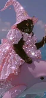 Cat dressed as wizard on a pink dolphin with sparkles
