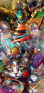 Whimsical cats and butterfly wallpaper with colorful, fantasy artwork.