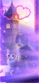 Cute kittens with purple glow in front of a dreamy castle with pink hearts.