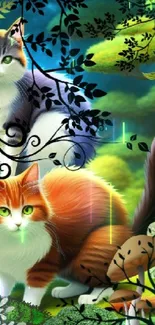 Whimsical cats in a vibrant, enchanted forest wallpaper.