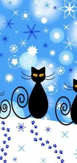 Three black cats on snowy blue background with snowflakes and stars.