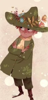 Character in green hat with flowers, whimsical style.