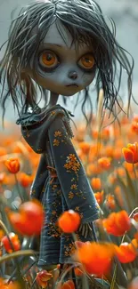 Surreal character stands in an orange flower field.