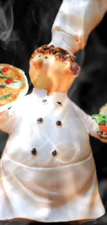 Chef figurine with pizza and burger against a smoky background.