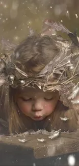 Whimsical child with a leaf crown blowing leaves in an autumn setting.