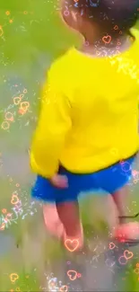 Child in yellow and blue outfit walking on grass with heart effects.