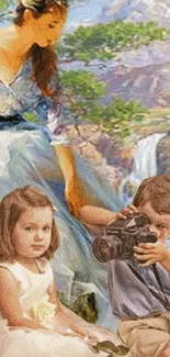 Whimsical children and serene nature art wallpaper.