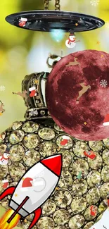 Festive wallpaper with rocket and red moon in whimsical Christmas scene.