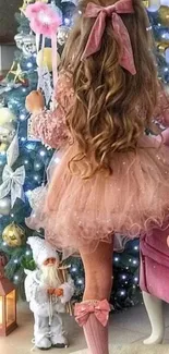 Girl in pink dress by Christmas tree with decorations.