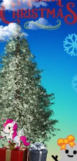 Whimsical Christmas tree with unicorn and gifts on a blue gradient background.