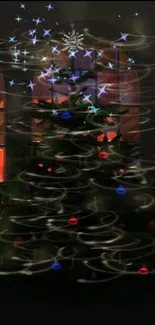 Magical Christmas tree with glowing ornaments and swirling lights against windows.