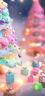 Whimsical Christmas scene with colorful trees and gifts.