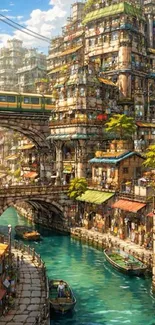 Whimsical cityscape with many buildings and a train overpass.