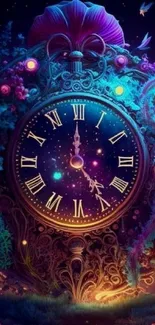 Enchanted fantasy clock with colorful flowers and cosmic lights.