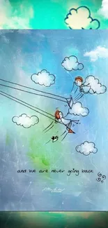 Children swinging among clouds with a sky-blue background.