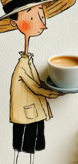 Whimsical cartoon character with coffee cup.