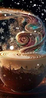 Whimsical coffee cup with swirling steam art.