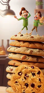 Whimsical cartoon characters atop stacked cookies in a bakery.