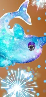 Vibrant cosmic dolphin with sparkles on a brown background.