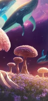 Fantasy scene with whales, pink trees, and a cosmic backdrop.