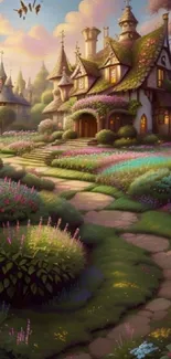 Whimsical cottage with vibrant garden and stone path in fantasy style.