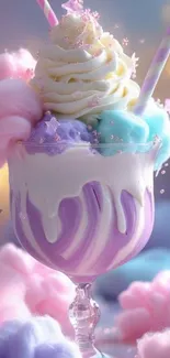 Whimsical cotton candy milkshake with pastel hues and stars.