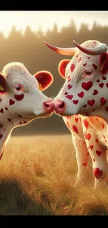 Two cows with red heart patterns in a peaceful meadow scene.