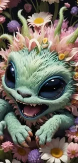 Whimsical green creature amidst vibrant flowers.
