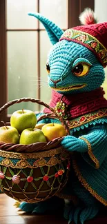 Blue knitted creature with basket of green apples in a whimsical setting.