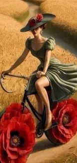 Woman on bicycle with flower wheels in golden field.