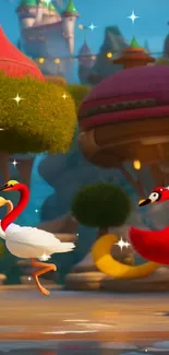 Animated swans dance in a whimsical, colorful fairytale landscape.