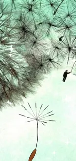 Whimsical dandelion mobile wallpaper with figures floating.