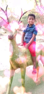 Child sitting on a decorative deer amidst pink heart bokeh effect.