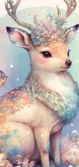 Whimsical deer with flowers in pastel colors, creating a dreamy fantasy art wallpaper.