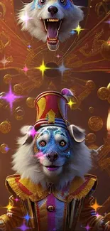 Whimsical circus dog wallpaper with vibrant colors and artistic flair.