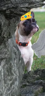 Pug with wings and party hat in a lush green field.