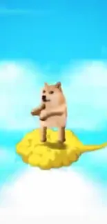 Cute Doge rides a yellow cloud in a bright blue sky.