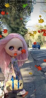 Whimsical doll with pink hair among autumn leaves on a scenic road.