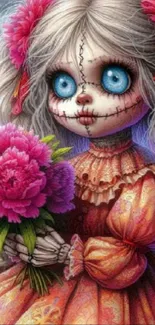 Creepy doll with vibrant pink flowers, gothic art.