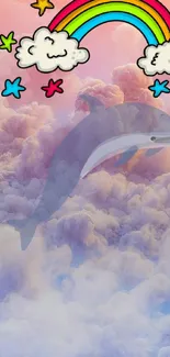 Whimsical wallpaper with dolphin, rainbow, and clouds in pink hues.