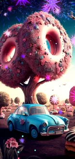 Whimsical landscape of donut trees and a vintage car under a pink sky.